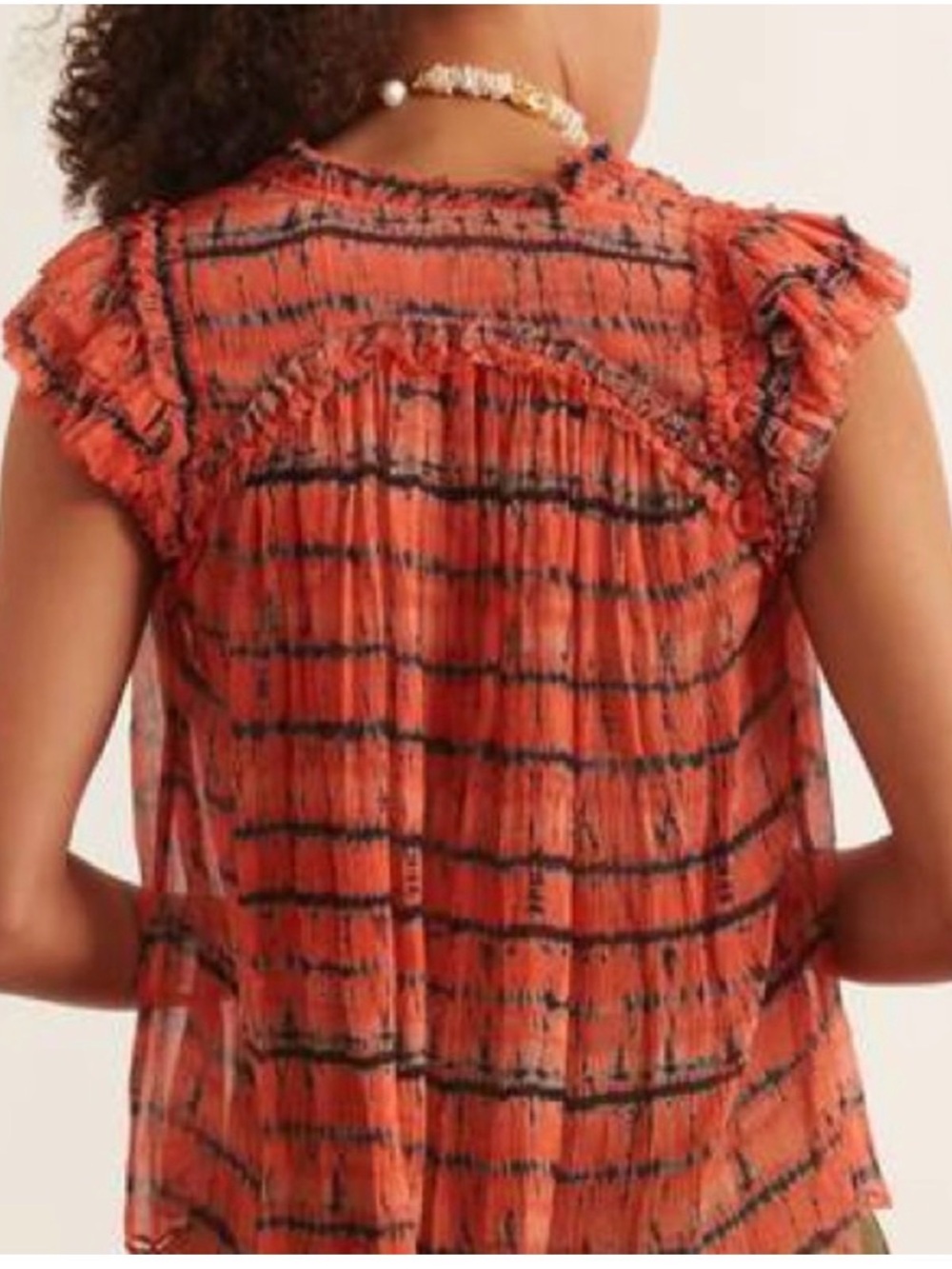 Ulla Johnson Coral and Black Ruffled Tie-Neck Blouse - Picture 3 of 4